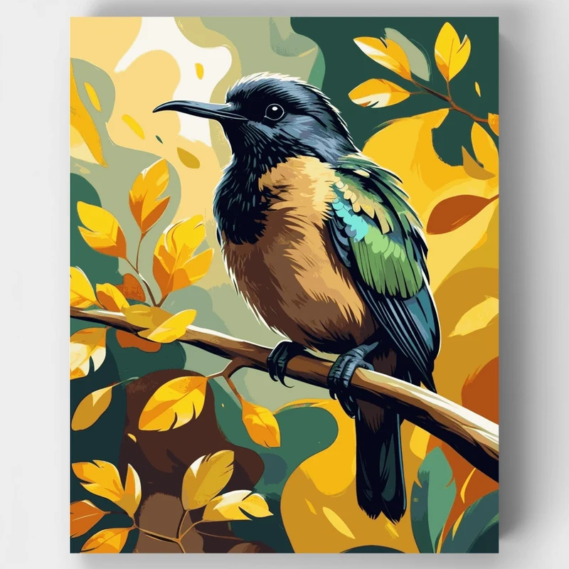 Tui Bird on Autumn Branch - Paint by Numbers Kit