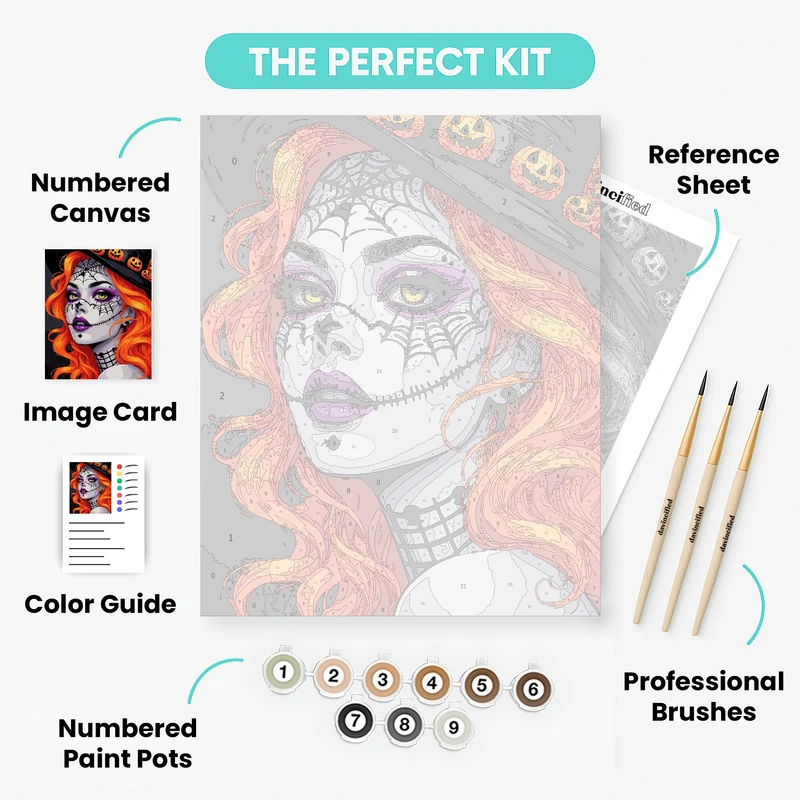 Halloween Witch with Spider Web Face Paint - Paint by Numbers Kit