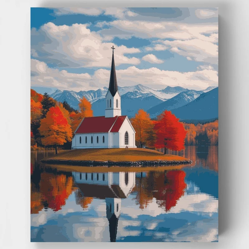 Lakeside Chapel in Autumn - Paint by Numbers Kit