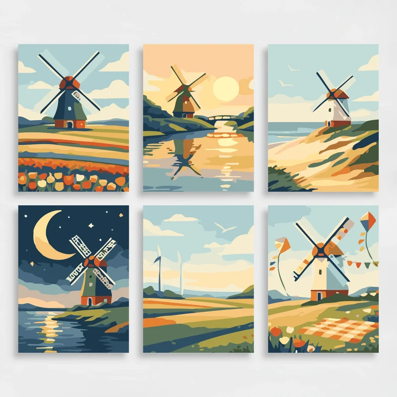 Dutch Windmill Scenes - Mini Paint by Numbers Set