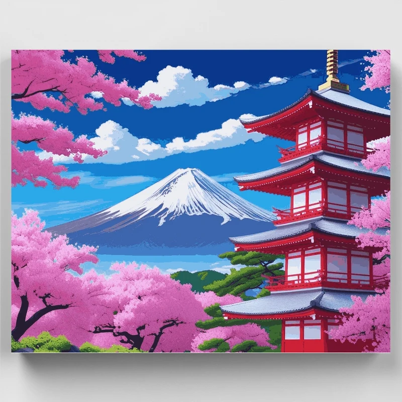 Mount Fuji Cherry Blossom Pagoda - Paint by Numbers Kit