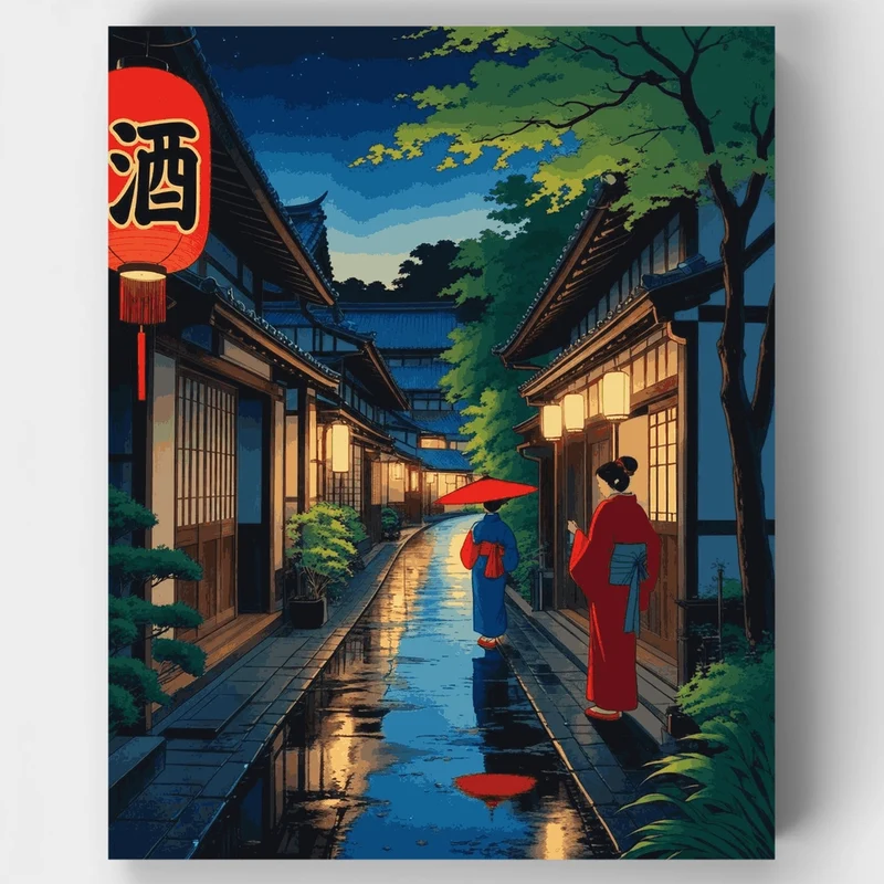 Evening in Traditional Japanese Street - Paint by Numbers Kit