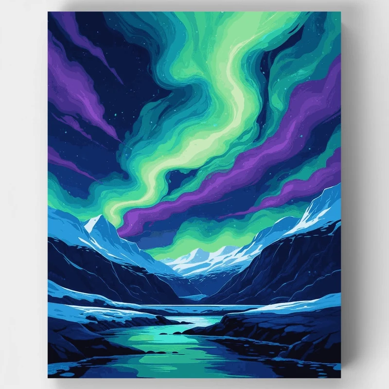 Northern Lights Over Snowy Mountains - Paint by Numbers Kit