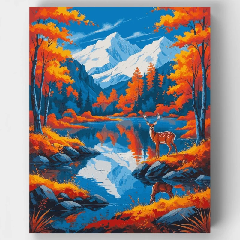 Autumn Mountain Lake with Deer - Paint by Numbers Kit