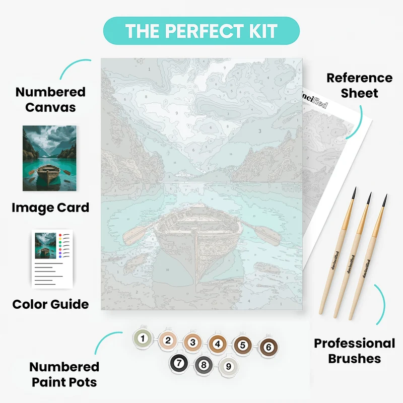 Serene Mountain Lake with Wooden Boat - Paint by Numbers Kit