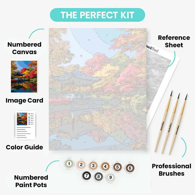 Korean Garden Pavilion in Autumn - Paint by Numbers Kit