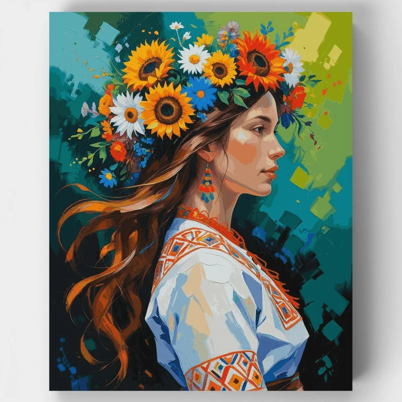 Ukrainian Beauty with Sunflower Crown - Paint by Numbers Kit