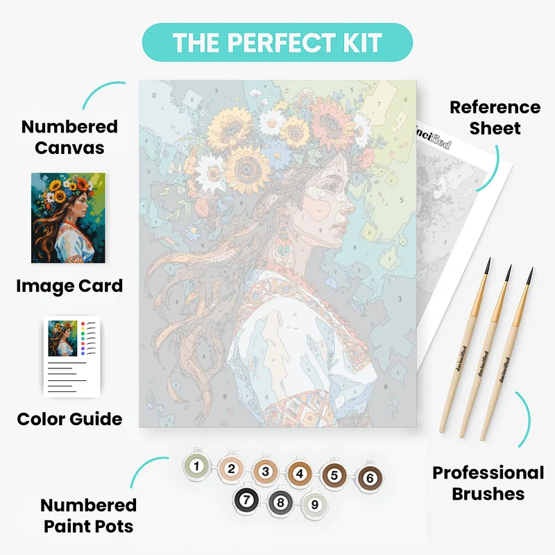 Ukrainian Beauty with Sunflower Crown - Paint by Numbers Kit