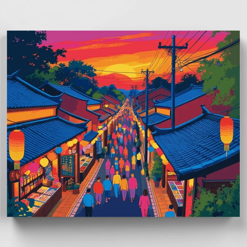 Vietnamese Street Market at Sunset - Paint by Numbers Kit