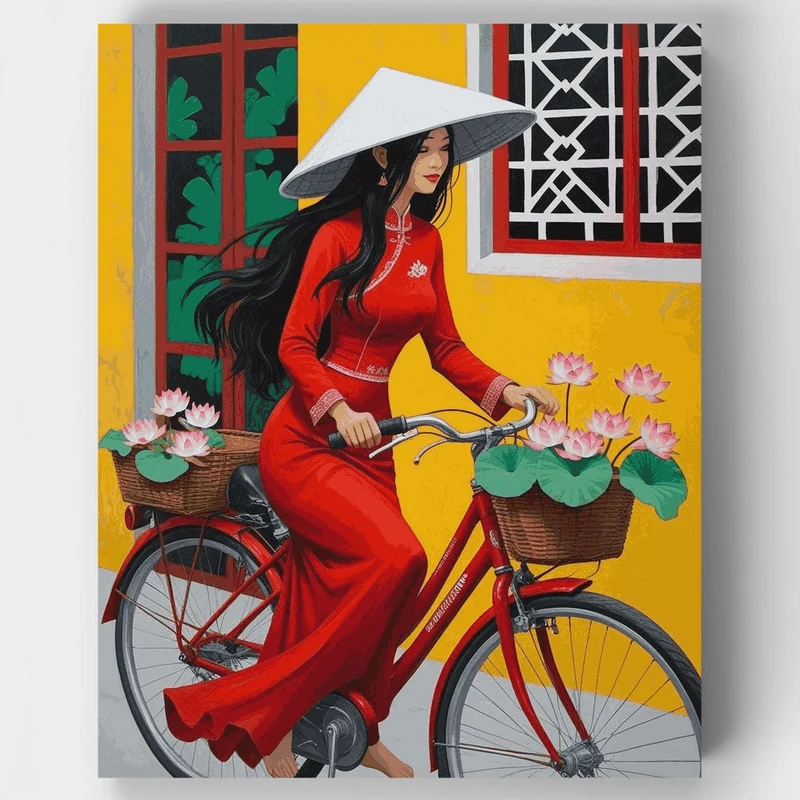 Vietnamese Woman on Bicycle with Lotus Flowers - Paint by Numbers Kit