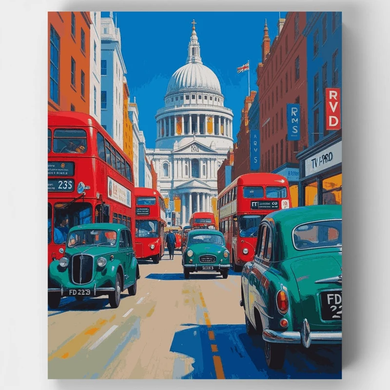 London Street Scene with St. Paul's Cathedral - Paint by Numbers Kit