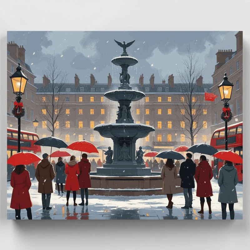 Winter City Square with Fountain - Paint by Numbers Kit