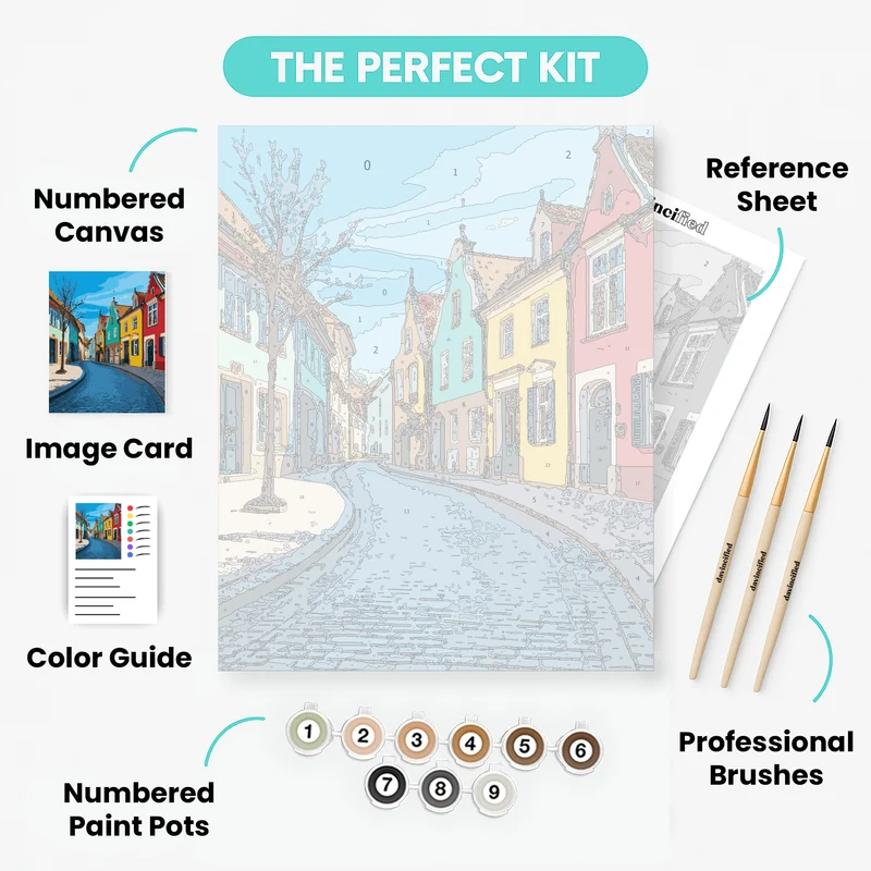 Colorful European Village Street - Paint by Numbers Kit