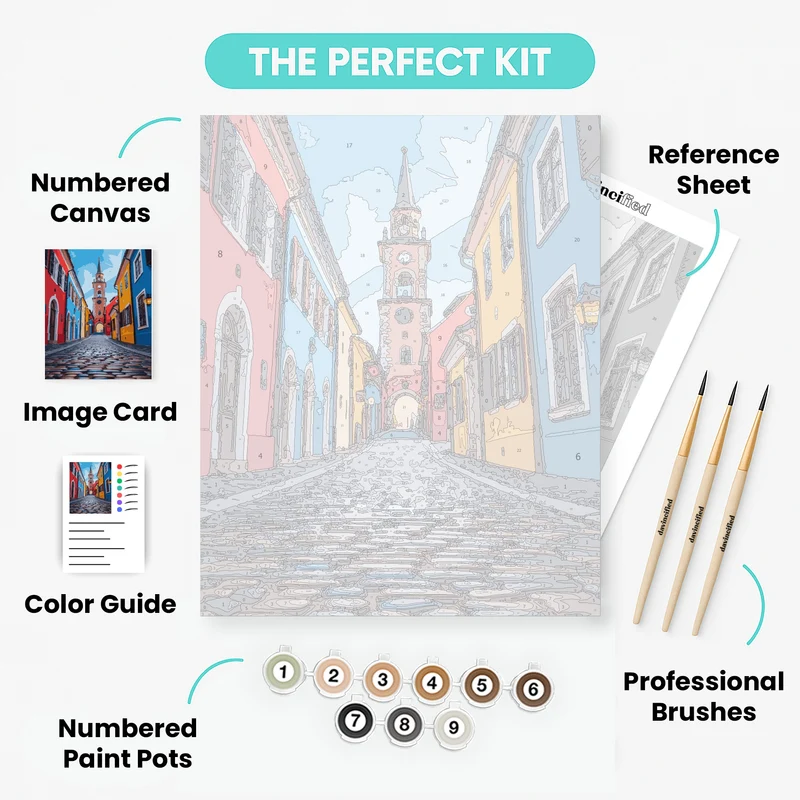 Colorful European Clock Tower Street - Paint by Numbers Kit