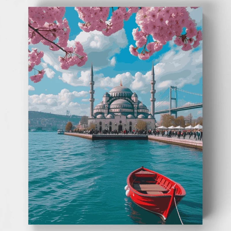 Istanbul Mosque with Cherry Blossoms - Paint by Numbers Kit
