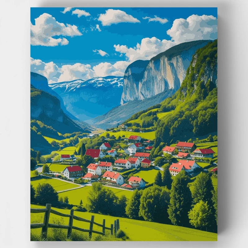 Swiss Mountain Valley Village - Paint by Numbers Kit