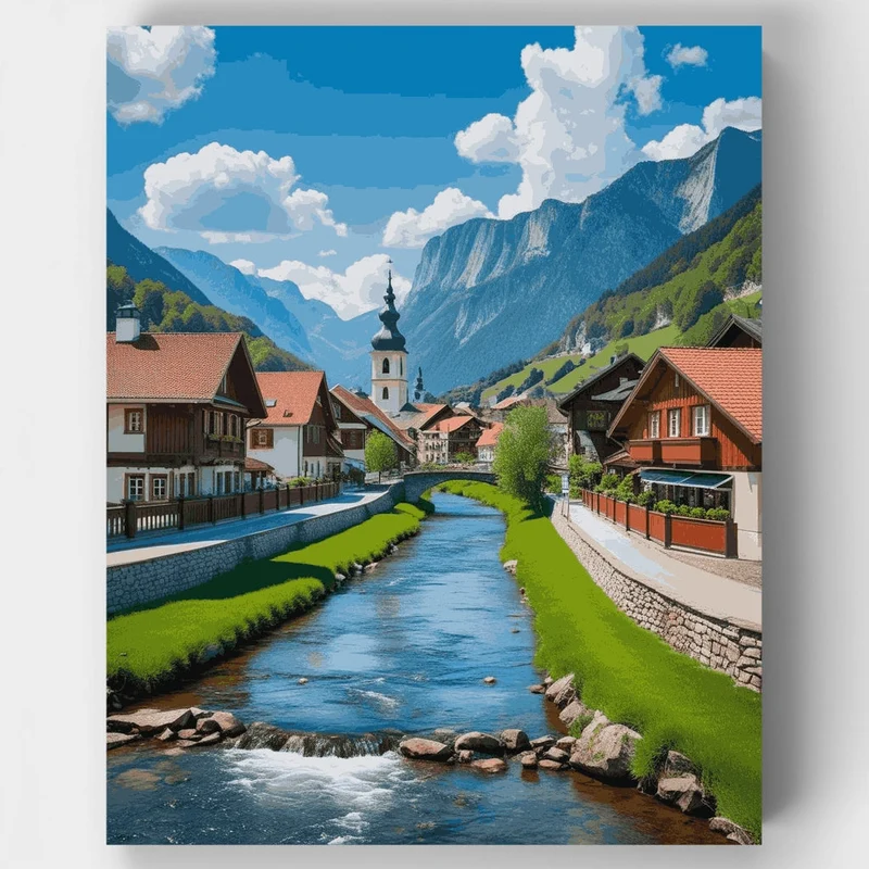 Swiss Alpine Village with River - Paint by Numbers Kit