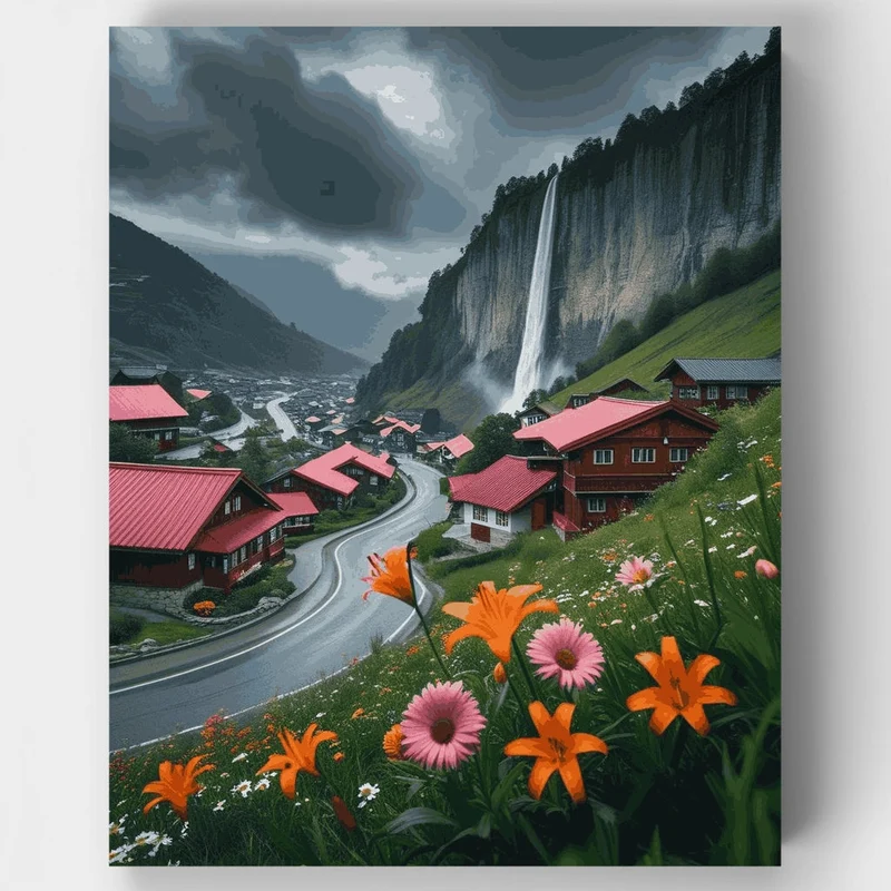 Swiss Alpine Village with Waterfall - Paint by Numbers Kit
