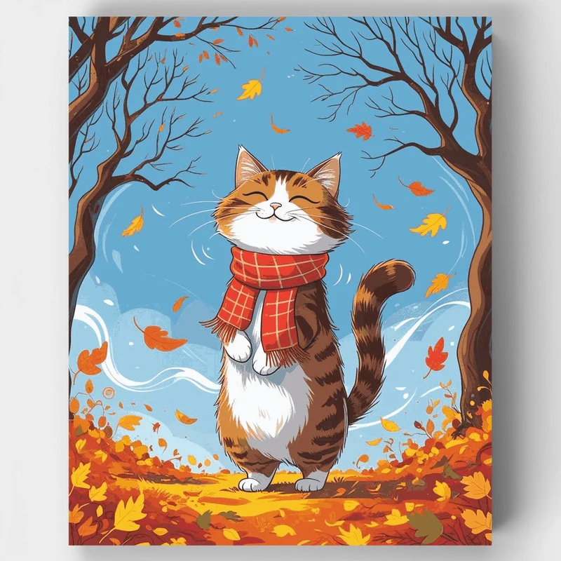 Autumn Cat in Red Scarf - Paint by Numbers Kit