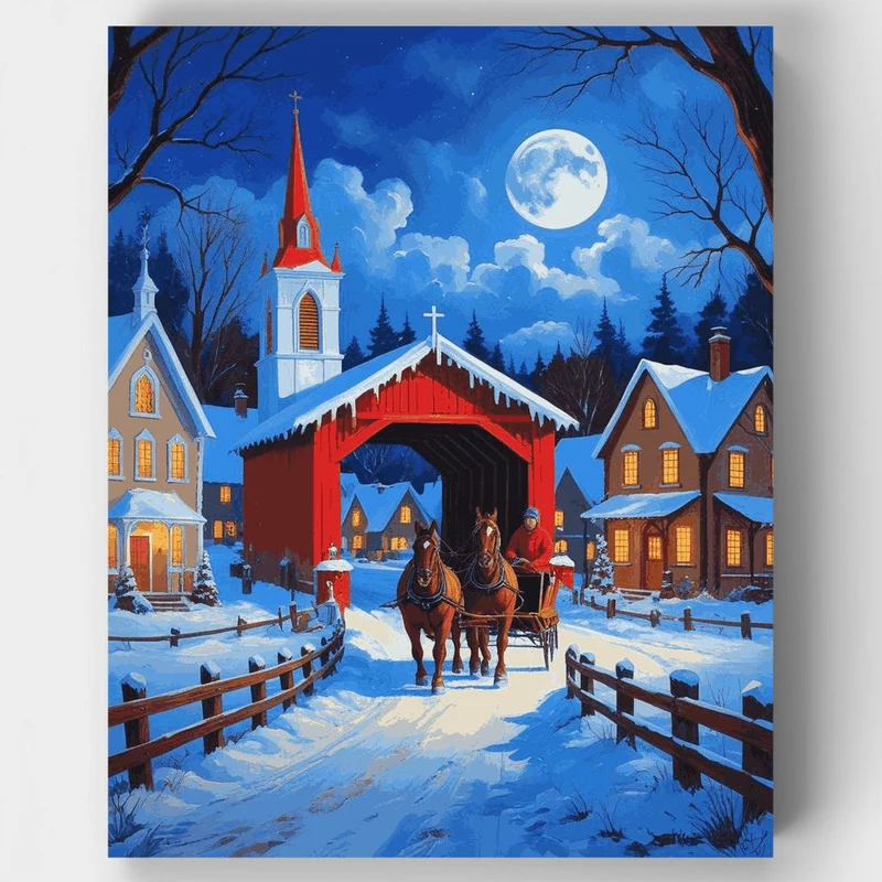Winter Village with Horse Sleigh - Paint by Numbers Kit