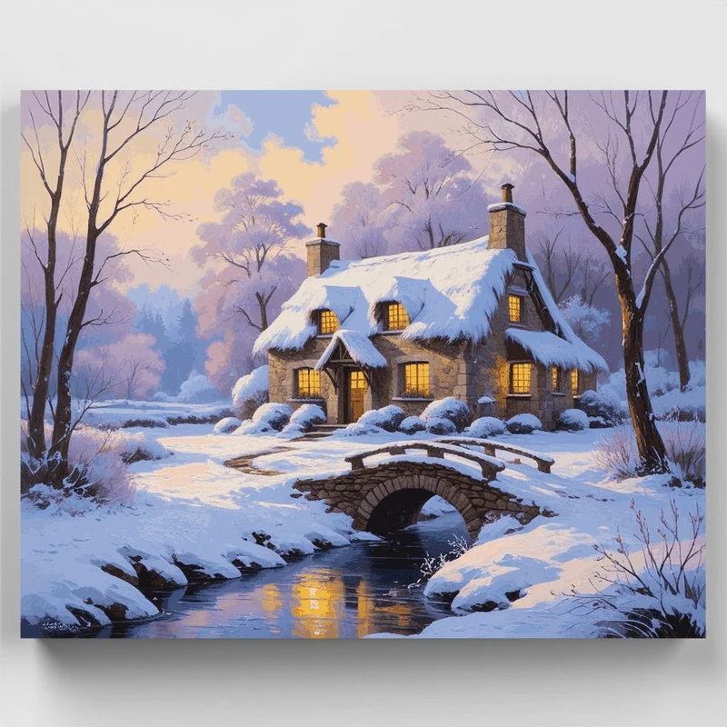 Winter Cottage by the Stream - Paint by Numbers Kit