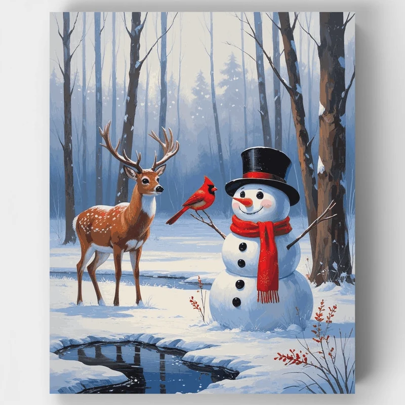 Winter Forest Snowman and Deer - Paint by Numbers Kit
