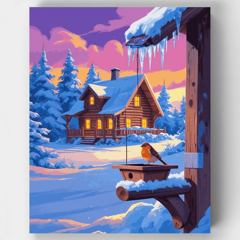 Snowy Cabin with Robin Bird - Paint by Numbers Kit