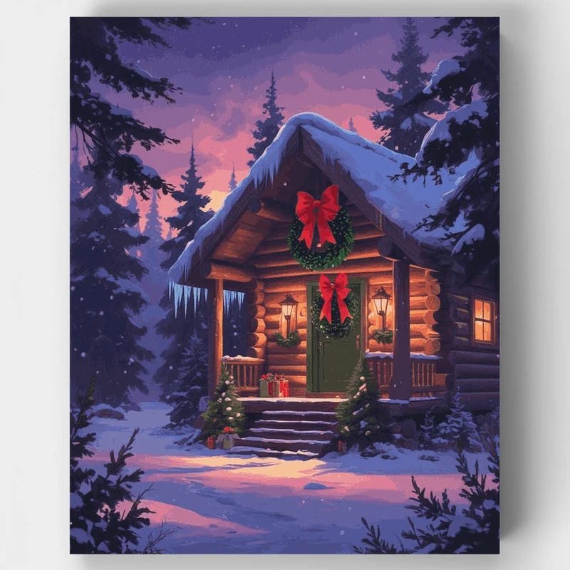 Christmas Log Cabin in Snowy Forest - Paint by Numbers Kit