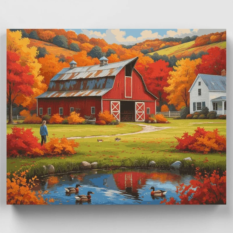 Autumn Red Barn with Pond - Paint by Numbers Kit
