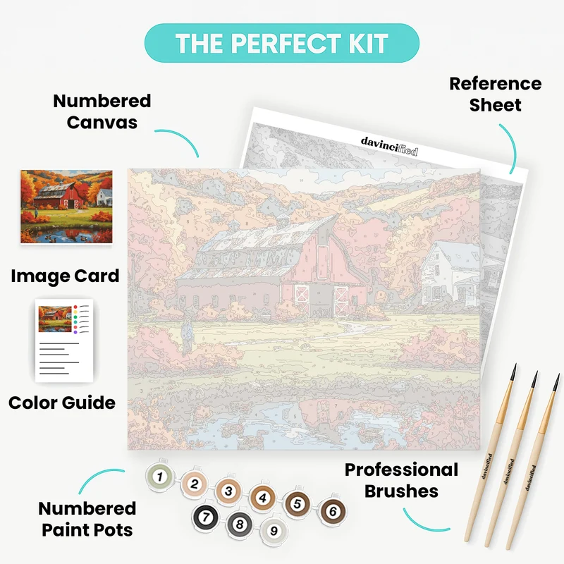 Autumn Red Barn with Pond - Paint by Numbers Kit