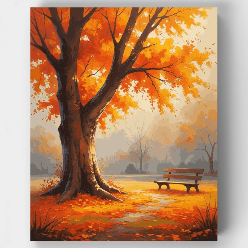 Autumn Park Bench Under Golden Tree - Paint by Numbers Kit