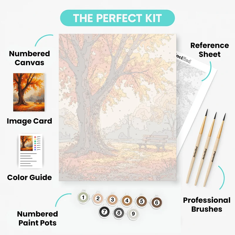Autumn Park Bench Under Golden Tree - Paint by Numbers Kit