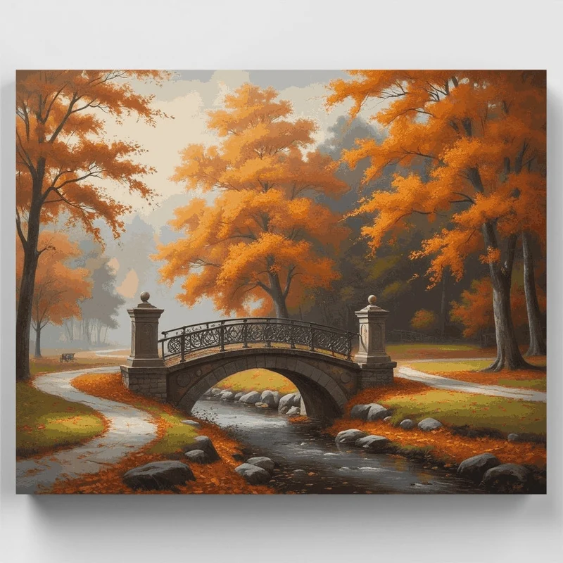 Autumn Stone Bridge in Misty Park - Paint by Numbers Kit
