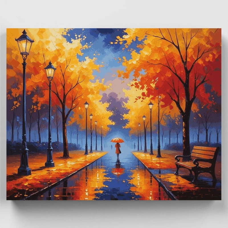 Autumn Park with Orange Umbrella - Paint by Numbers Kit