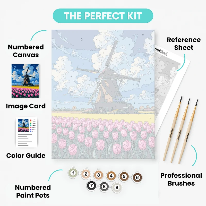 Dutch Windmill with Tulip Fields - Paint by Numbers Kit