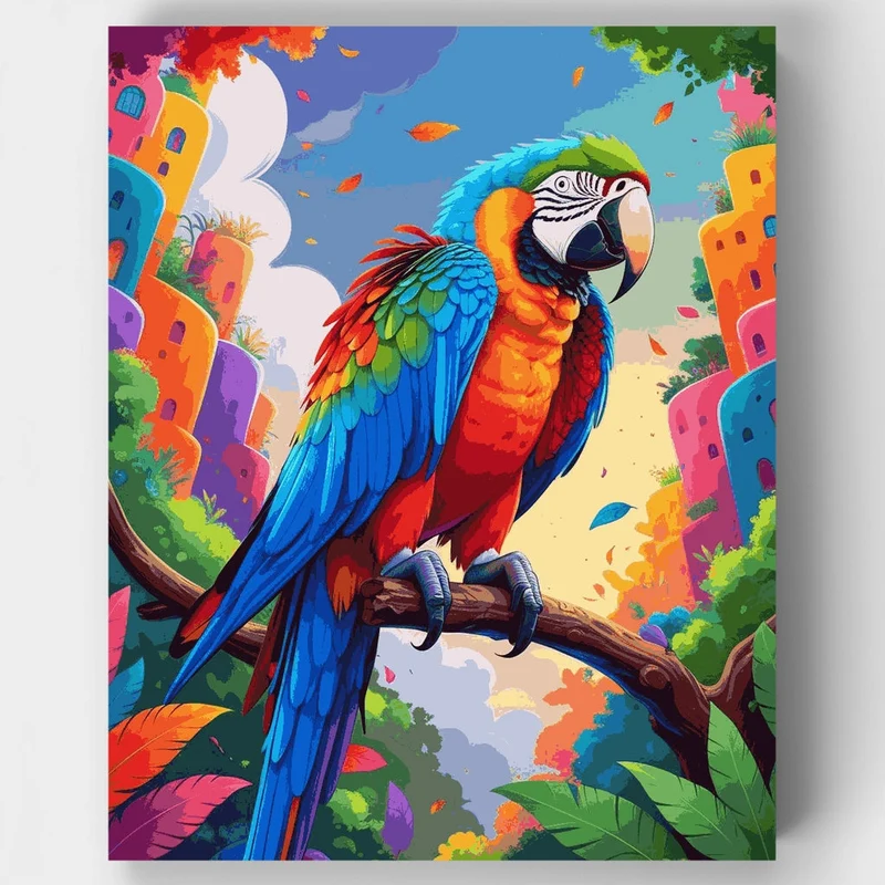 Vibrant Macaw in Colorful Town - Paint by Numbers Kit
