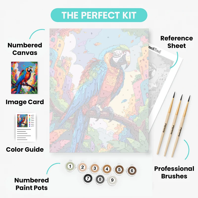 Vibrant Macaw in Colorful Town - Paint by Numbers Kit