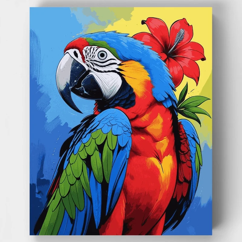 Vibrant Macaw with Hibiscus Flower - Paint by Numbers Kit
