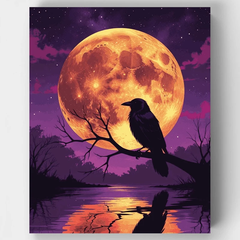 Raven Silhouette Against Harvest Moon - Paint by Numbers Kit