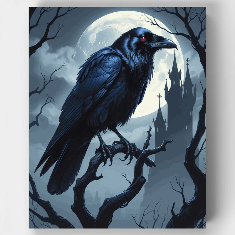 Moonlit Raven and Gothic Castle - Paint by Numbers Kit