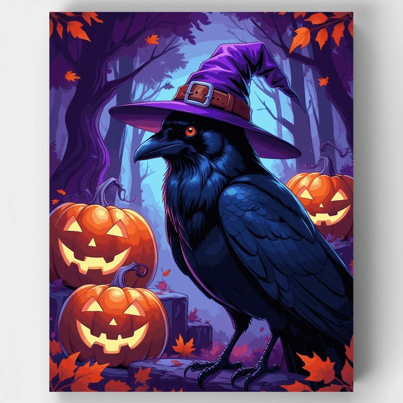 Halloween Raven with Witch Hat and Pumpkins - Paint by Numbers Kit