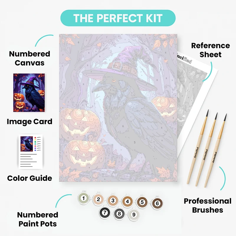 Halloween Raven with Witch Hat and Pumpkins - Paint by Numbers Kit