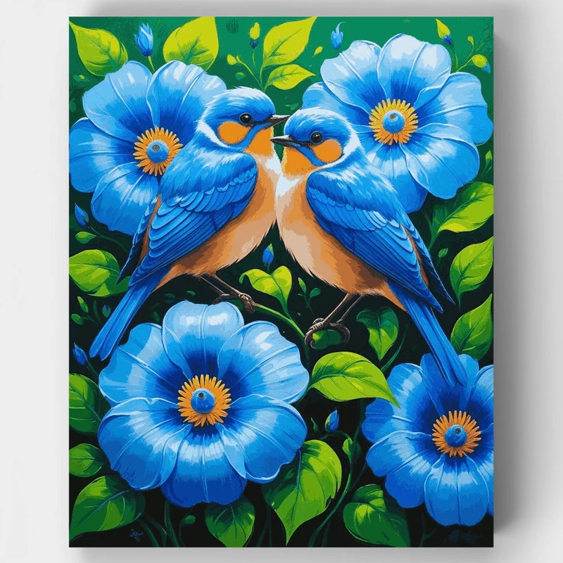 Blue Birds with Orange Breasts Among Flowers - Paint by Numbers Kit