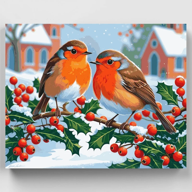 Winter Robins on Holly Branch - Paint by Numbers Kit