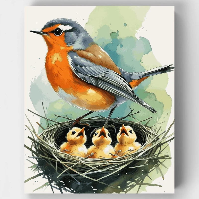 Robin Family in Nest - Paint by Numbers Kit