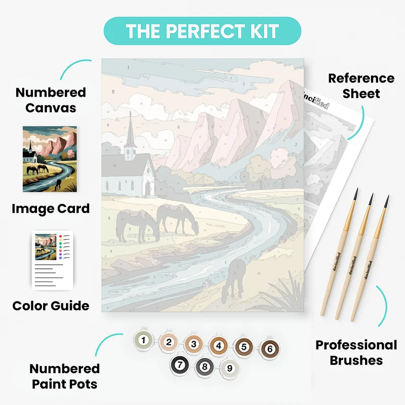 Pastoral Valley with Church and Mountains - Paint by Numbers Kit