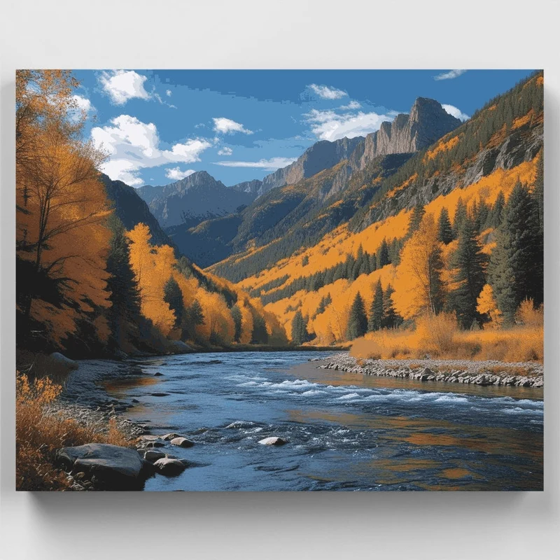 Golden Autumn Mountain River Landscape - Paint by Numbers Kit