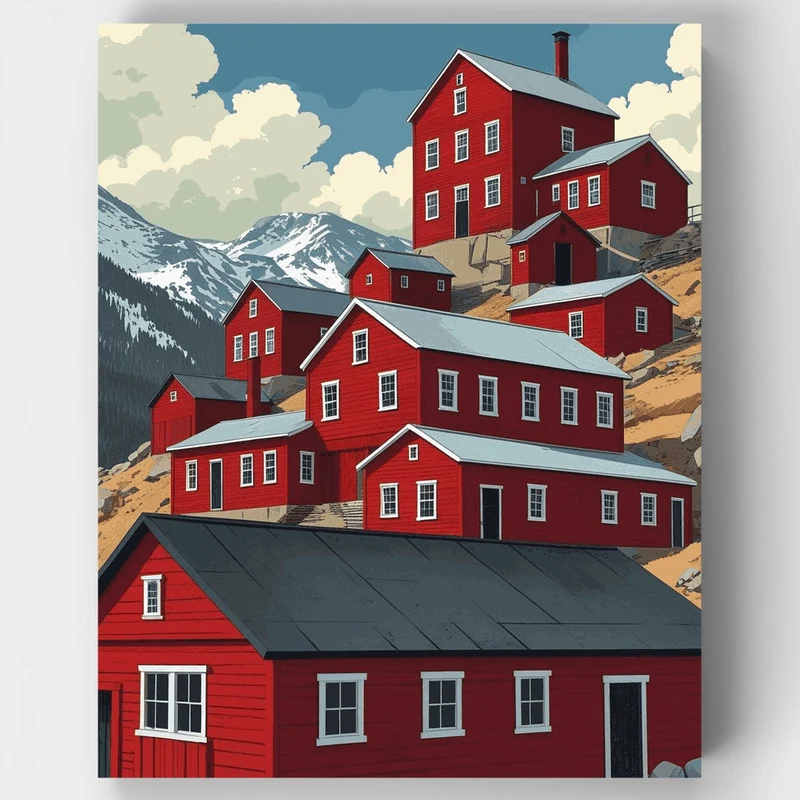 Mountain Mining Town Red Buildings - Paint by Numbers Kit