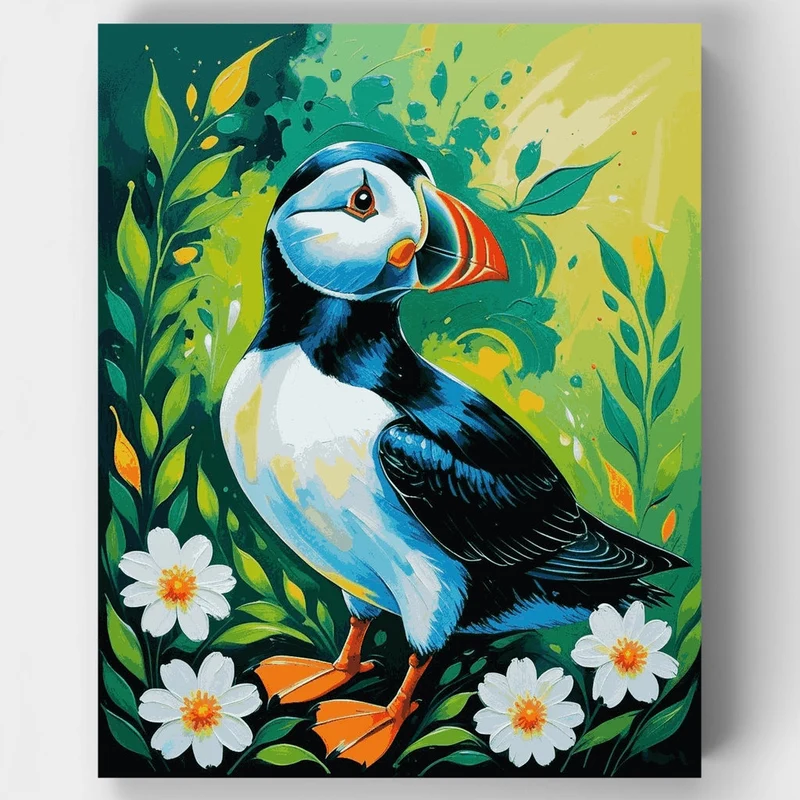 Vibrant Puffin in Blooming Garden - Paint by Numbers Kit