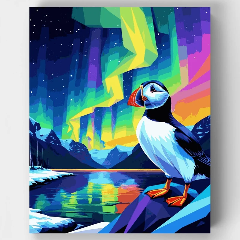Puffin Under Northern Lights - Paint by Numbers Kit